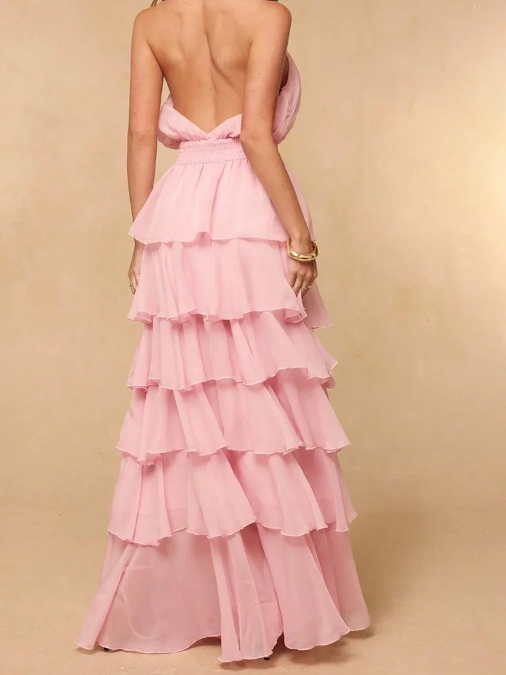Pink Party Women's Multi-Layer Ruffle Neck Long Dress - Picture 2 of 6